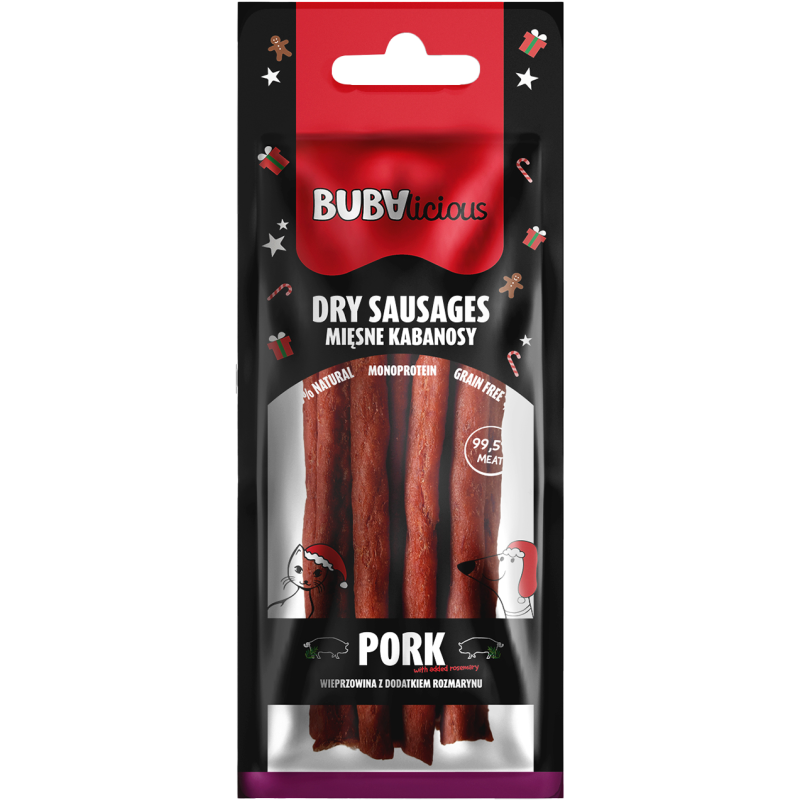 BUBAlicious More Meat XMAS kabanosy 70g wieprzowina z dodatkiem rozmarynu 8100 Krótki termin przydatności do spożycia 10.2026