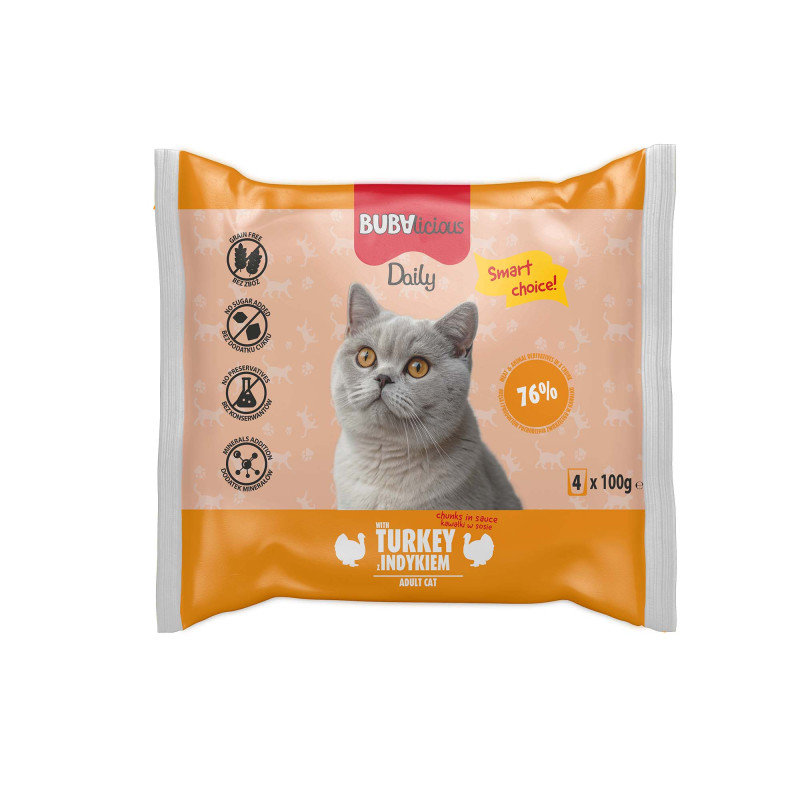 BUBAlicious Daily saszetki dla kota 100g z INDYKIEM kawałki w delikatnym sosie 8781