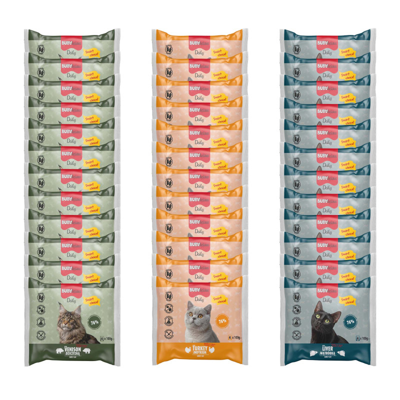 BUBAlicious Daily saszetki dla kota 100g MIX z INDYKIEM, WĄTRÓBKĄ i DZICZYZNĄ