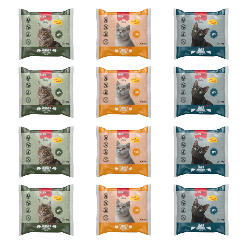 BUBAlicious Daily saszetki dla kota 100g MIX z INDYKIEM, WĄTRÓBKĄ i DZICZYZNĄ