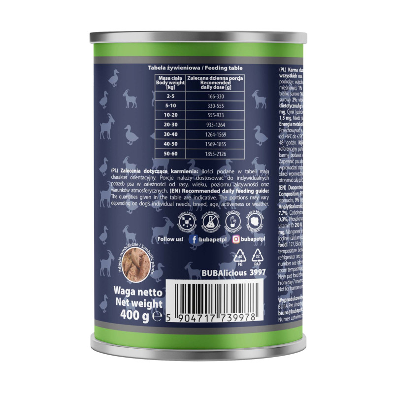 BUBAlicious More Meat duo karma dla psa Pure Line 400g KACZKA KOZA 3997