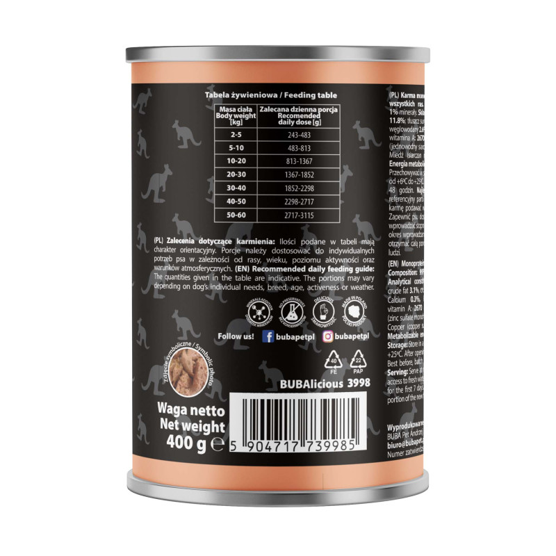 BUBAlicious More Meat mono karma dla psa Pure Line 400g KANGUR 3998