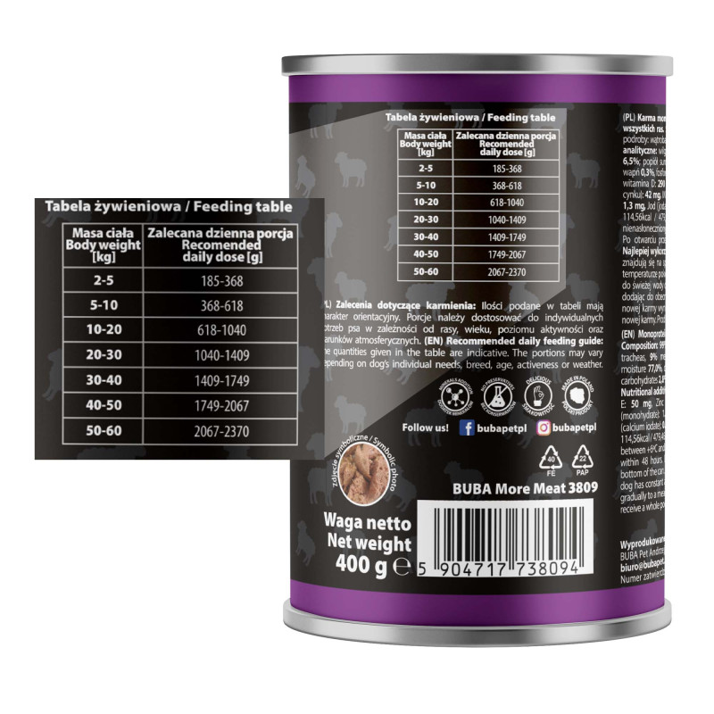 BUBAlicious More Meat mono karma dla psa Pure Line 400g JAGNIĘCINA 3809