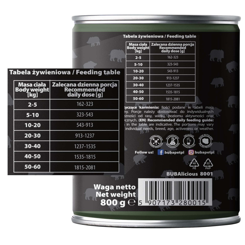 BUBAlicious More Meat mono karma dla psa Pure Line 800g DZIK 8001