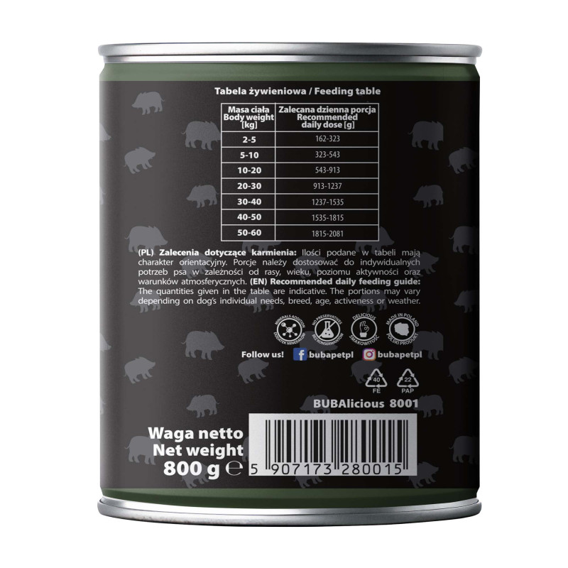 BUBAlicious More Meat mono karma dla psa Pure Line 800g DZIK 8001