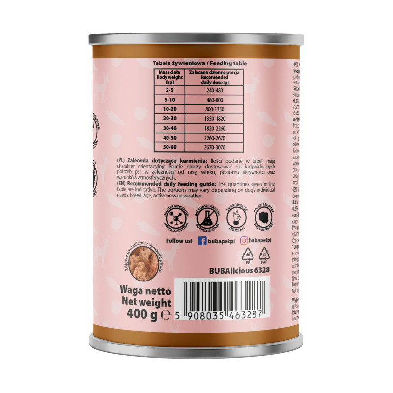 BUBAlicious mono karma dla psa SENSITIVE 400g JELEŃ 6328