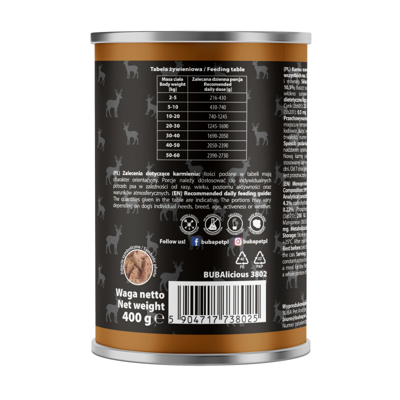 BUBAlicious More Meat mono karma dla psa Pure Line 400g JELEŃ 3802