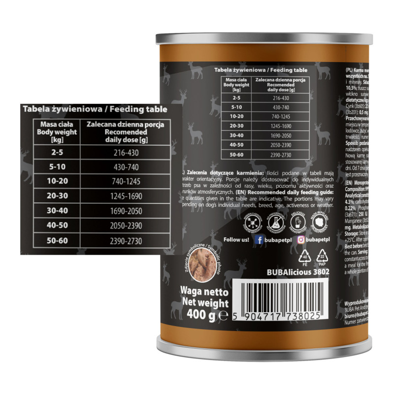 BUBAlicious More Meat mono karma dla psa Pure Line 400g JELEŃ 3802